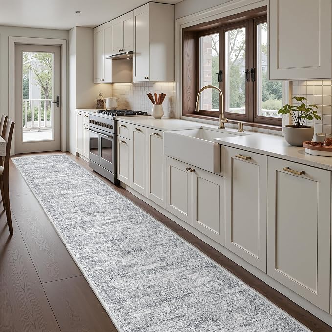 2'6 x 14' Runner Rug Non Slip,Washable Kitchen Rugs,Grey | 14 ft Runner Rug for Hallway,Entryway,Bedroom,Living Room,Thin,Soft, Extra Long Rug,Stain Resistant Indoor Carpet