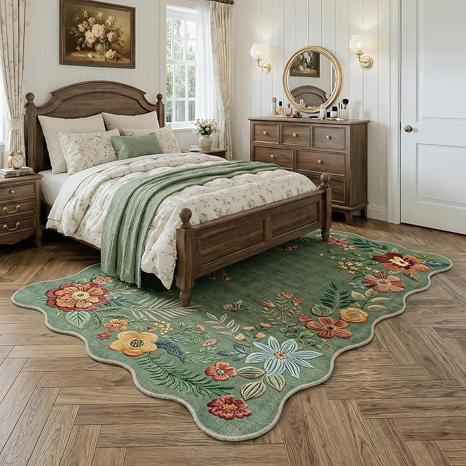 FMFUNCTEX 6x9 Washable Sage Green Floral Scalloped Area Rug for Living Room | Vintage Flower Colorful Traditional Boho Distressed Soft Non Slip Low Pile Large Cottage Indoor Carpet Dining Bedroom Nursery