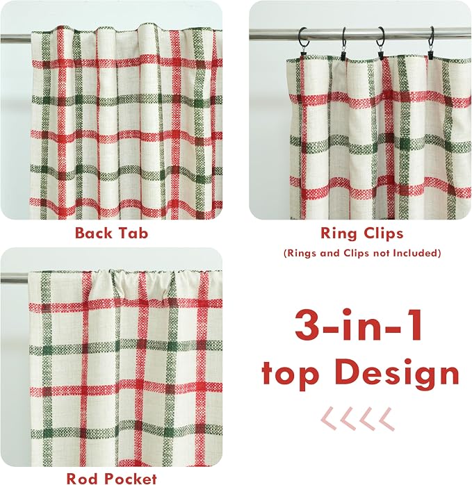 DriftAway 100% Blackout Plaid Curtains 96 Inches Long 2 Panels Red Green | 100% Blackout, Linen Texture, Plaid Pattern, Two Layers, Rod Pocket & Back Tab, Bedroom Living Room Use, Luxury Appearance
