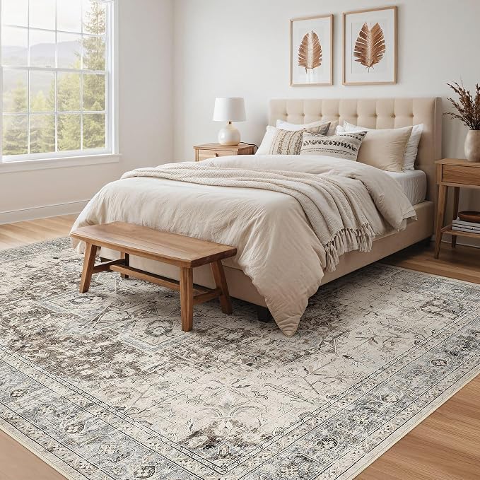 Tortania Area Rug Living Room Rugs - 10x12 Washable Boho Rug Vintage Oriental Distressed Farmhouse Large Thin Indoor Carpet for Living Room Bedroom Under Dining Table Home Office - Brown Blue