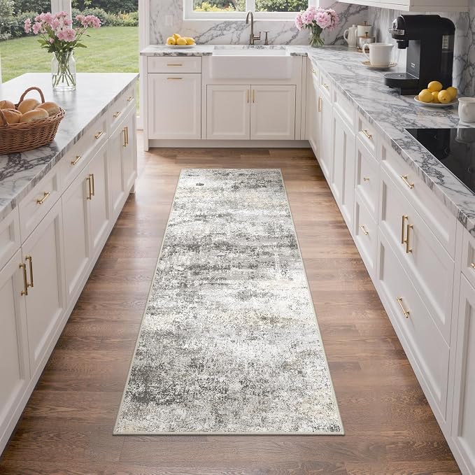GENIMO Runner Rug Non Slip 2x6, Washable Rug Runner for Hallways Kitchen, Abstract Modern Kitchen Rugs, Low Pile Lightweight Carpet Runners for Entryway, Bedroom, Laundry, Grey Beige