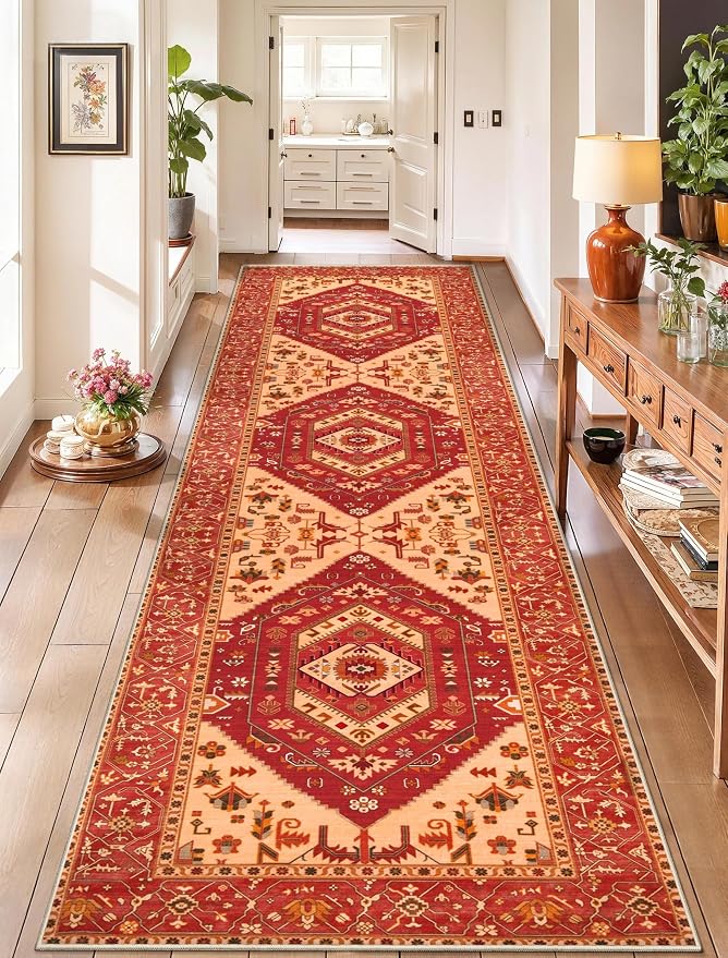 SERISSA Runner Rug for Hallways, 2'6"x10' Washable Non Slip Kitchen Runner Rug, Long Boho Rug Vintage Red Hallway Stair Ultra Soft Print Floor Carpet for Bedroom Bathroom Laundry Room