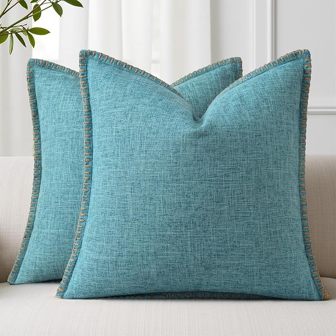 decorUhome Teal Faux Linen Outdoor Throw Pillow Covers 24x24 Set of 2 | Fall Decorative Textured Neutral Modern Farmhouse Pillow Covers with Stitched Edge for Couch Sofa Bed Living Room