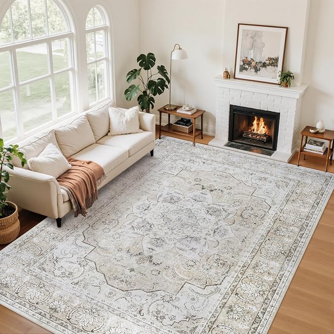 5x7 Area Rugs for Living Room:Beige Washable Vintage Medallion Carpet Non-Slip Soft Low Pile Large Rugs Indoor Retro Rug for Bedroom Nursery Dining Table Office Home(Beige White, 5'x7')
