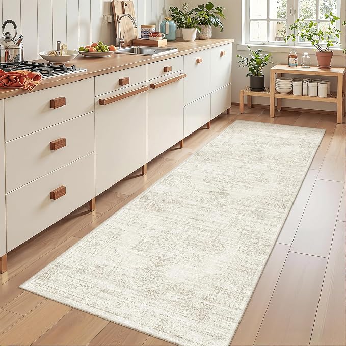 2'6 x 8' Runner Rug Non Slip,Washable Kitchen Rugs,Beige | Neutral Rugs for Kitchen,Entryway,Bedroom,Bathroom,Nursery Room,Thin,Soft Runner Rug,Stain Resistant Indoor Carpet