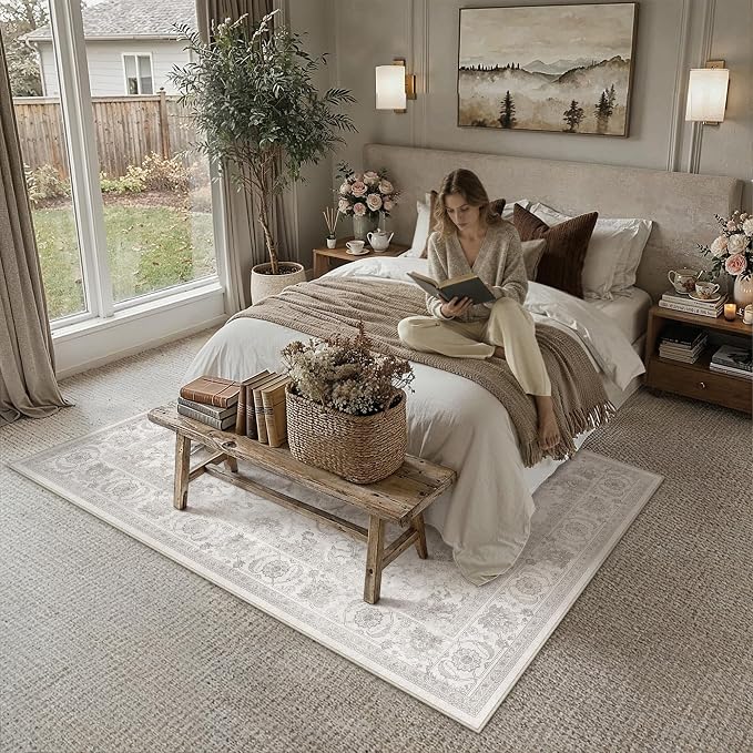 PureCozy 5x7 Gray Living Room Area Rug Vintage Washable Non Slip Indoor Carpet Distressed Low Pile Soft Retro Accent Throw Grey Rug for Bedroom Dining Room Kitchen Office