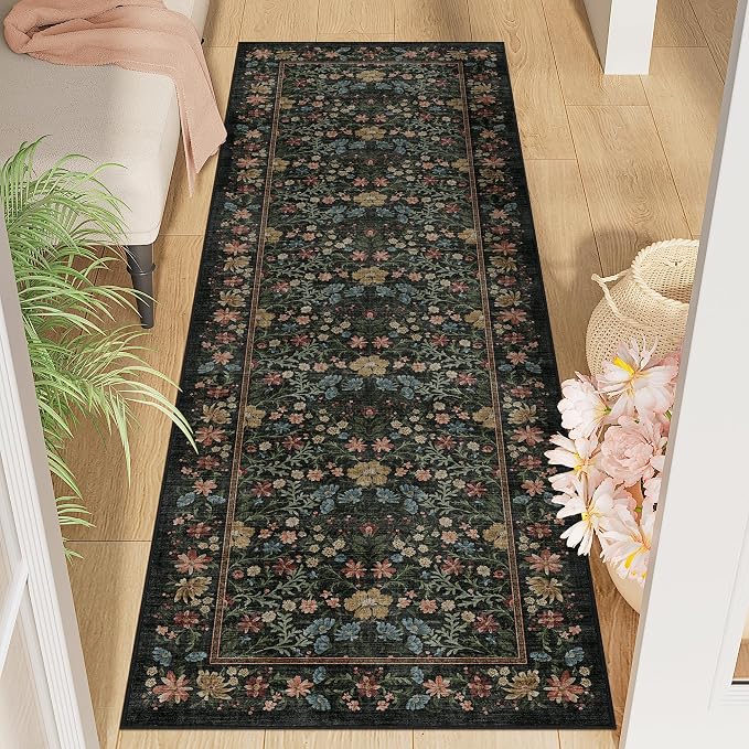 DUKINO 2x6 Runner Rug, Washable Vintage Floral Kitchen Rug, Black | Non Slip, Low Pile, Stain Resistant Boho Soft Throw Carpet Runner for Hallway Bathroom Laundry Bedroom Entryway, Non-Shedding
