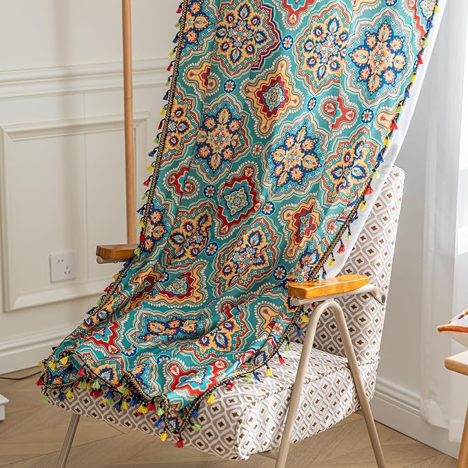 Turquoise Blue Boho Curtains 54 Inches Long, Colorful Medallion Farmhouse Light Filtering Rod Pocket Drapes with Tassel Trim for Bedroom Living Room, 2 Panels
