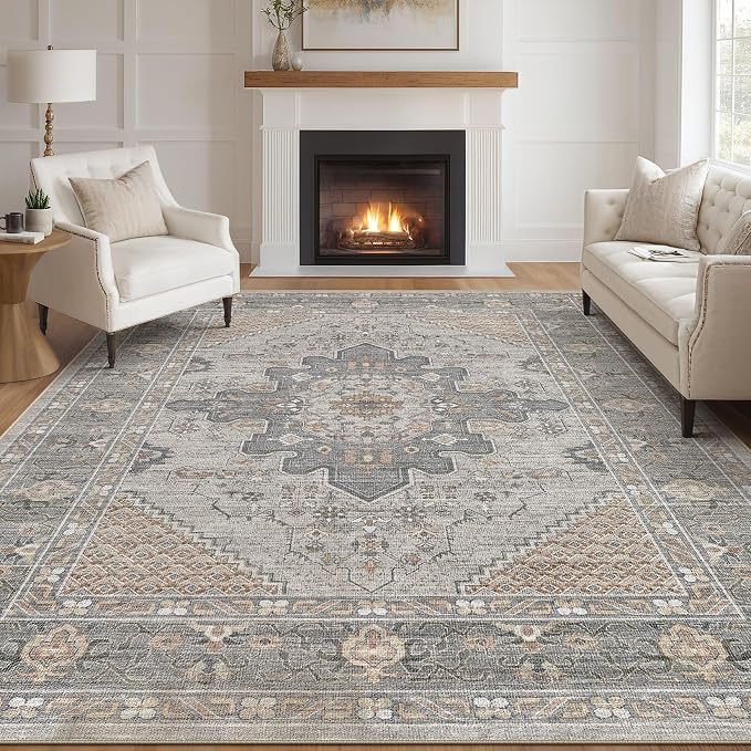 Tortania Area Rug Living Room Rugs - 10x14 Washable Boho Rug Vintage Oriental Distressed Farmhouse Large Thin Indoor Carpet for Living Room Bedroom Under Dining Table Home Office - Brown Gray