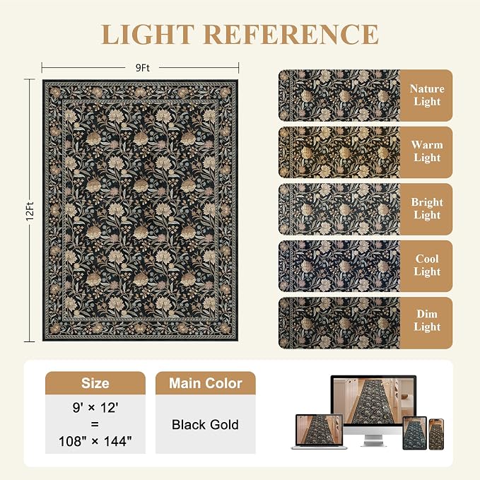 DUKINO 9x12 Area Rug for Living Room, Vintage Floral Washable Rug, Black | Non Slip, Low Pile, Non-Shedding, Stain Resistant, Aesthetic Soft Indoor Large Carpet for Bedroom Dining Room Farmhouse