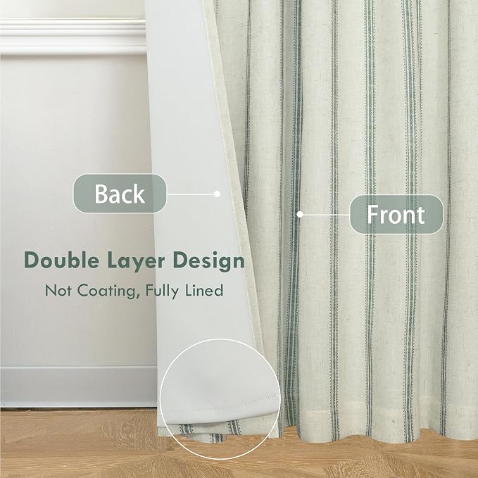 DriftAway Farmhouse Stripe Blackout Curtains, W52xL84, Loden Green | Blackout, Linen Texture, Stripe Pattern, Rod Pocket & Back Tab, Two Layers, Bedroom Living Room Use, Sound Reducing Design