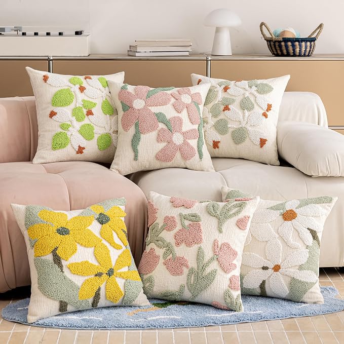 Summer Floral Throw Pillow Covers 18x18 Inch Set of 2, Chenille Embroidered Pillowcase with 3D Tufted Yellow Flowers Sage Green Leaves, Boho Decorative Cushion Covers for Couch Sofa Bed