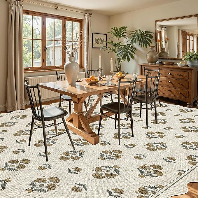 ORTIGIA Scalloped Easy Jute 8x10 Area Rug Vintage Yellow Block Floral Farmhouse Washable Rug Non-Slip Indoor Outdoor Carpet for Living Room Bedroom Patio Entryway