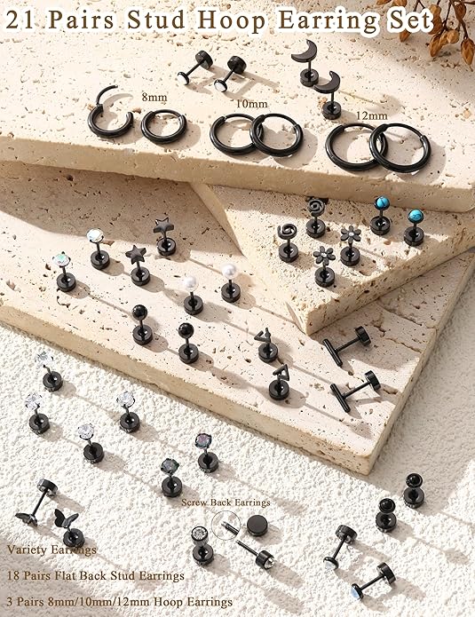 LOLIAS 21Pairs Surgical Steel Flat Back Earrings Hypoallergenic 20G Screw Back Nap Stack Cartilage Earring Stacks