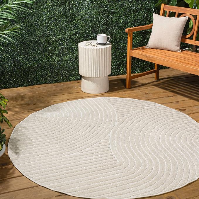 JONATHAN Y Hallie High-Low Curve Ivory/Cream 6' Round Indoor/Outdoor Area Rug, Minimalist, Pet Friendly, Non-Shedding, Stain Resistant, Hose-Washable for Backyard, Patio, Porch (SCN100B-6R)