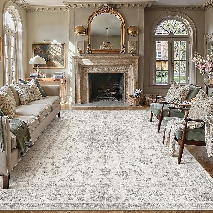 PureCozy 8x10 Area Rug Washable Gray Vintage Oriental Retro | Non Slip, Soft Low Pile, Indoor Carpet for Living Room, Bedroom, Dining Room, Neutral Decor