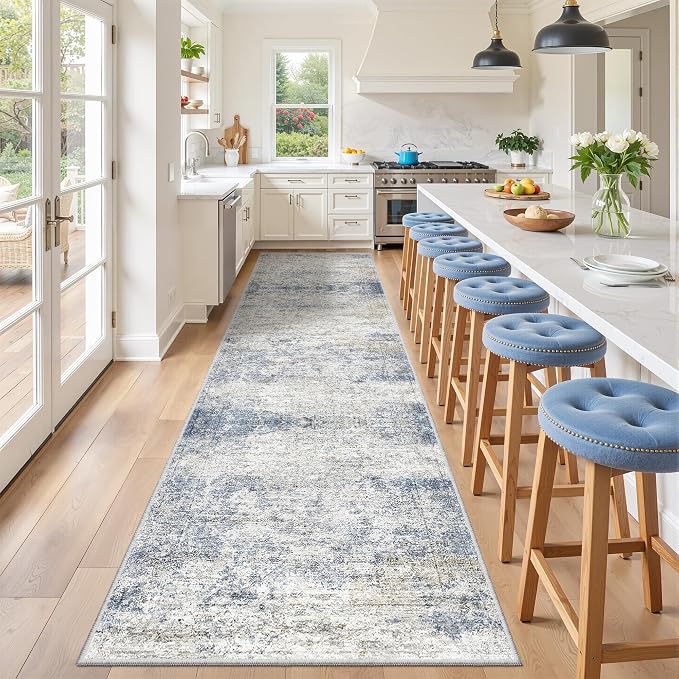 3x10 Runner Rug Non Slip,Washable Hallway Runner Rug,Blue | Long Neutral Rugs for Kitchen,Entryway,Bedroom,Bathroom,Laundry Room,Thin,Soft Runner Rug,Stain Resistant Indoor Carpet