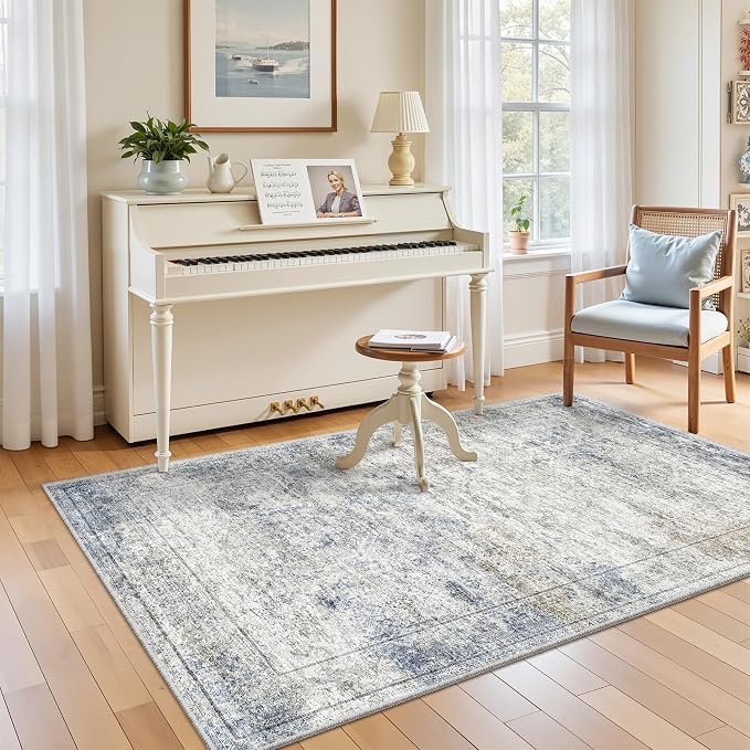 4x6 Area Rug for Entryway,Washable Kitchen Rug,Blue | Small Rug for Hallway,Bedroom,Living Room,Dining Room,Thin,Soft, Neutral Rug,Stain Resistant Indoor Carpet,Non Slip