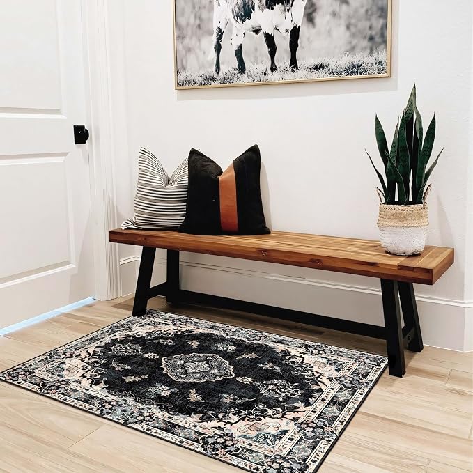 MUJOO Black Rug 2'x3' Washable Area Rug Small Non Slip Low-Pile Floral | Machine Washable Throw Carpet for Entryway Kitchen Bathroom Bedroom Boho Soft Indoor Vintage Bohemian Distressed Flowers