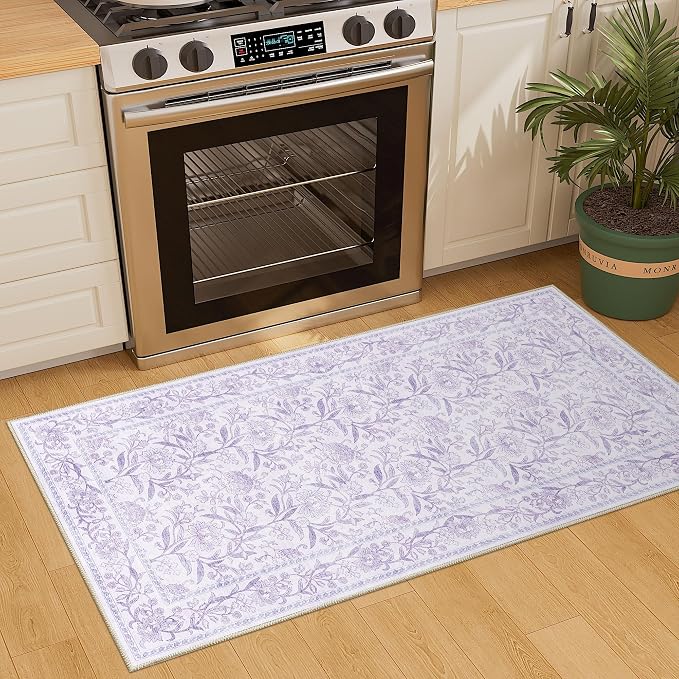 DUKINO 2x4 Rug, Washable Vintage Floral Entryway Rug Non Slip, Purple | Low Pile, Non-Shedding, Stain Resistant Boho Lightweight Soft Indoor Carpet for Kitchen Bathroom Hallway Laundry Farmhouse