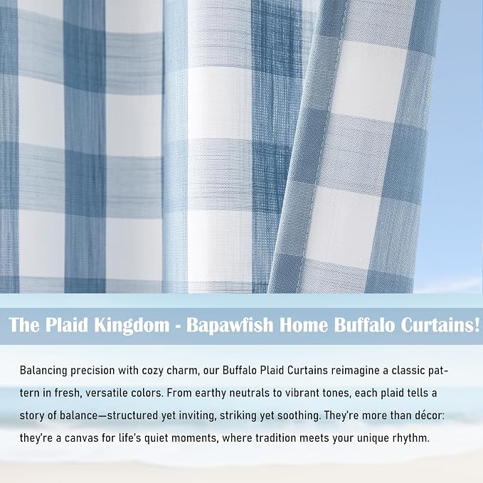 95 Inches Long Dusty Blue White Buffalo Plaid Semi Sheer Curtains | Bedroom Living Room,Gingham Pattern Drapes,Yarn Dyed Fabric,Cozy Window Treatment,Rod Pocket,52"Wx95"L,Pack of 2