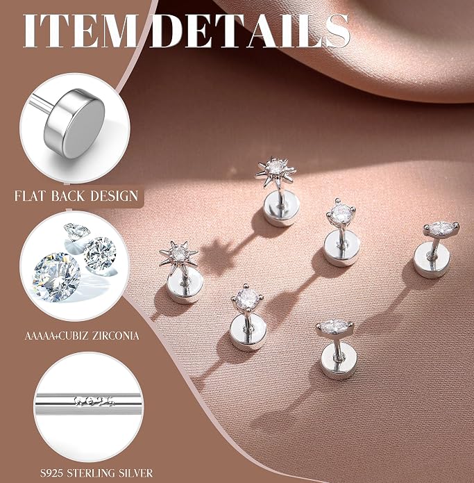 14K Gold Plated Solid 925 Sterling Silver Post Flat Back Earrings Stud | Cartilage Helix Conch Tragus Piercing Jewelry 3 Pairs Tiny Screw Dainty CZ Opal Earring Set Men Women