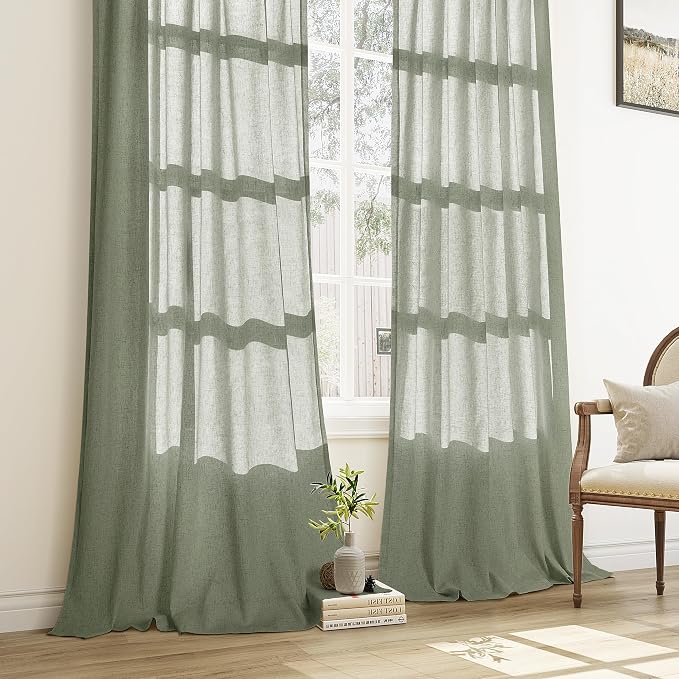 Sage Green Pinch Pleated Linen Curtains 84 Inch Length 2 Panels for Living Room Bedroom Light Filtering Green Semi Sheer Window Curtain Boho Back Tab Pinch Pleat Drape with Hooks 84 Inches Long