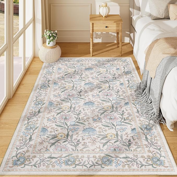 DUKINO 3x5 Rug Washable Vintage Floral Bedroom Area Rug Non Slip Cream Blue | Low Pile, Non-Shedding, Stain Resistant Boho Lightweight Soft Indoor Carpet for Bathroom Office Dining Living Room Farmhouse