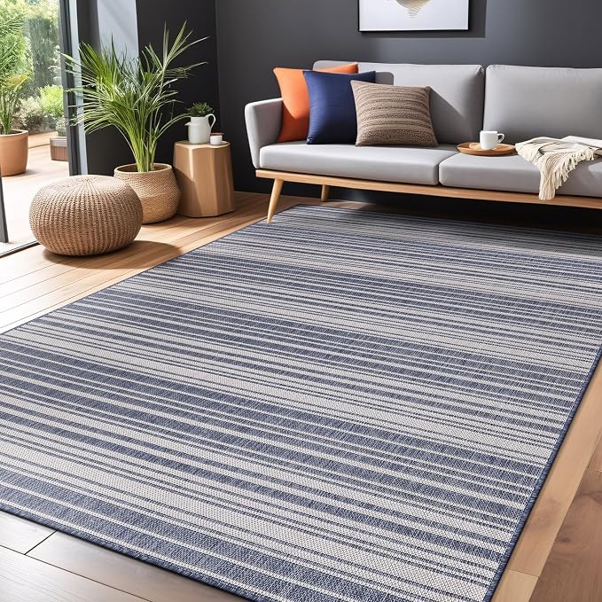 Luul Home Stripe Outdoor Rug 10x14 Washable Outside Carpet for Indoor Patio Porch Waterproof Easy Cleaning Non Shedding Area Rugs Blue 10 x 14