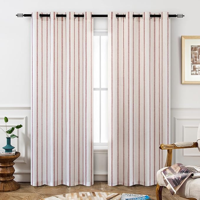 DriftAway Farmhouse Linen Stripe Blackout Curtains, W52xL84, Red | Blackout, Linen Texture, Stripe Pattern, Grommet, Two Layers, Bedroom Living Room Use, Sound Reducing Design