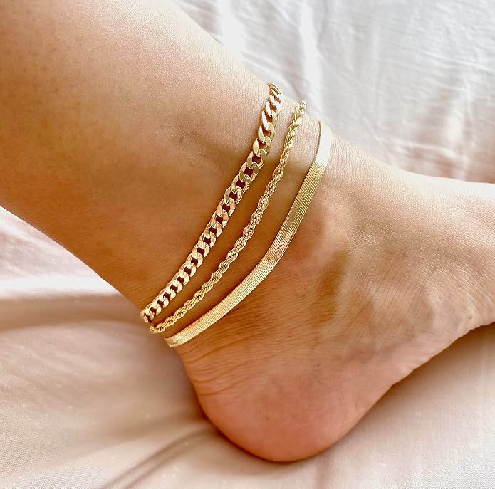 DEARMAY Gold Anklets for Women Waterproof, Non Tarnish14K Gold Plated Ankle Bracelets Set Stack, Summer Beach Jewelry Gifts for Vacation, Bikini Outfits for Women Mom Her