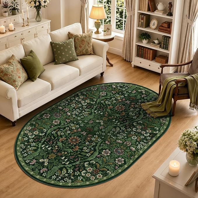 5×7 Oval Rugs Dark Green Washable Floral Rug,Vintage Boho Soft Low-Pile Living Room Rugs, Stain Resistant Botanical Print Non-Slip Carpet for Bedroom,Dining Room, Kids Nursery,Home Decor