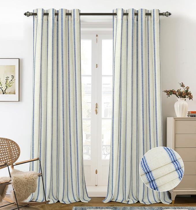 DriftAway Farmhouse Stripe Blackout Curtains, W52xL108, Navy Blue | Blackout, Linen Texture, Stripe Pattern, Rod Pocket & Back Tab, Two Layers, Bedroom Living Room Use, Sound Reducing Design