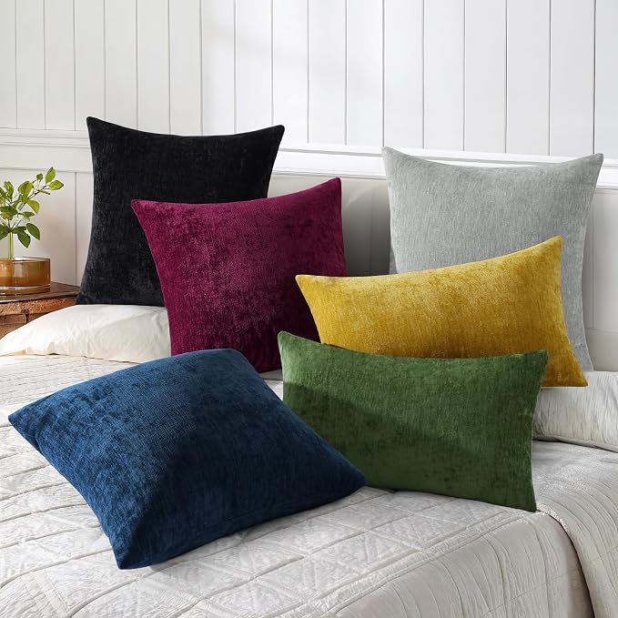 decorUhome Soft Chenille Black Throw Pillow Covers 24X24 Set of 2 | Decorative Fall Couch Pillow Covers Solid Dyed Accent Modern Euro Sham Farmhouse Neutral Square Pillow Cases for Sofa