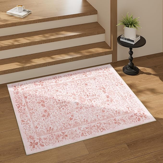 DUKINO 2x3 Entryway Rug, Washable Vintage Floral Area Rug, Pink | Non Slip, Low Pile, Non-Shedding, Soft Indoor Door Mat, Small Front Door Throw Carpet for Bathroom Kitchen Entrance Bedroom