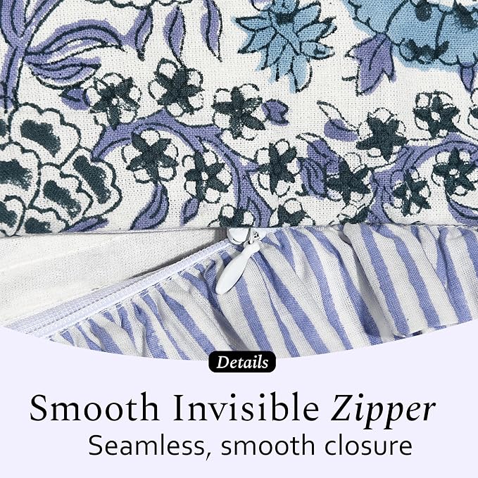 CPC Indigo Blue Ruffle Throw Pillow Covers for Couch, 18x18 Inch Cotton Stripe Ruffle Couch Pillows for Living Room, Hidden 14 Inch Zipper Boho Pillow Case or Cute Outdoor Pillows
