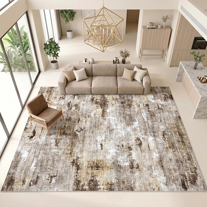 Washable Area Rug, Vacuum Friendly, Pet Friendly, Water & Stain Resistant, 0.3" Low Pile, Non-Slip Backing, for Hardwood Floors Living Room Bedroom Dining Room, 9'x12', Neutral Taupe