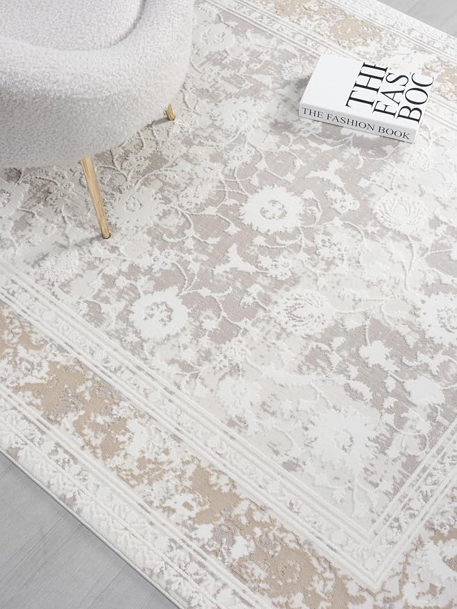 Amber Traditional Floral Area Rug for Living Room, 8x10 Vintage Persian Large Cream Neutral Rug, Medium Pile Stain Resistant Carpet for Bedroom, Dining Room or Kitchen (8' x 10', Cream)
