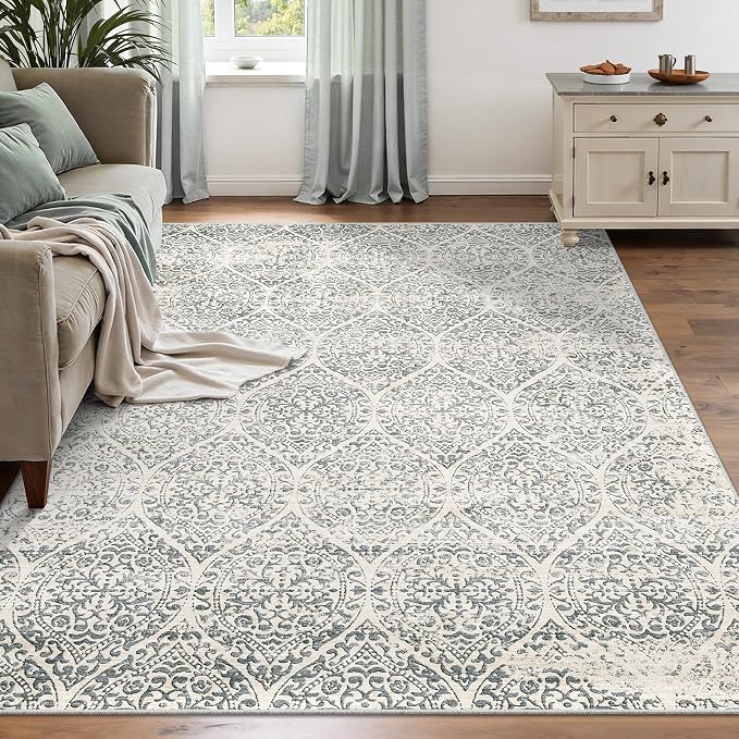 Soalmost 5x7 Area Rugs for Living Room, Washable Moroccan Trellis Soft Rug | Non-Slip Low Pile Rug Soft Throw Carpet for Dining Room Bedroom Home Office Nursery Grey, 5'x7'