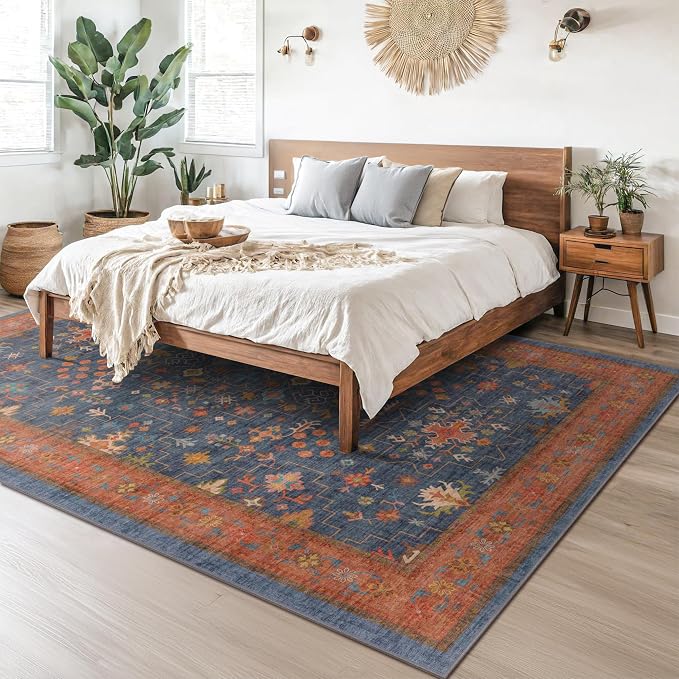 Navy Blue Area Rugs 9x12 Living Room, Dining Room Rugs for Under Table - Washable Low Pile Non-Slip Rugs for Bedroom - Vintage Boho Eclectic Home Decor - Ultra Soft Faux Wool Stain Resistance