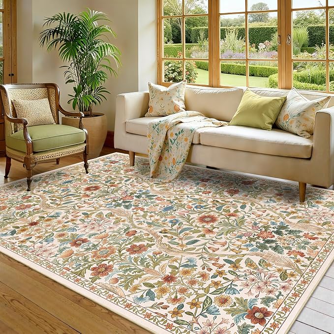 5×7 Area Rugs Beige Washable Floral Rug,Vintage Boho Soft Low-Pile Living Room Rugs, Stain Resistant Botanical Non-Slip Carpet for Girls Bedroom,Dining Room,Kids Nursery,Home Decor