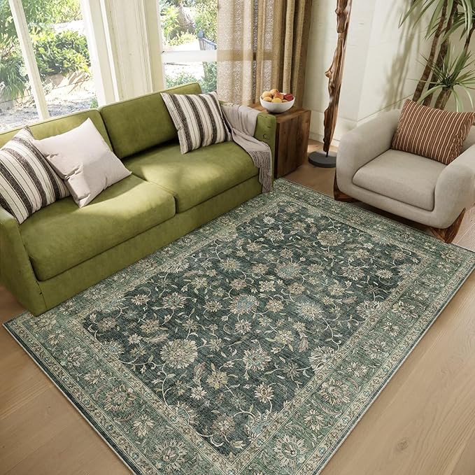 Washable 4x6 Rugs, Boho Vintage Non-Slip Distress Rugs, Sage Green | 0.3" Neutral Throw Rugs for Bedroom Kitchen Nursery Living Room, Cushioned Area Rug for High-traffic
