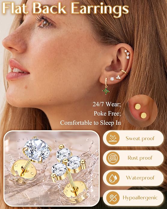 MILACOLATO Hypoallergenic Flat Back Earrings 14K Gold Plated Cartilage Earring Sets for Multiple Piercing 20G Surgical Stainless Steel Earrings for Women Trendy Earring Stacks Small Hoop Flatback Stud Earrings