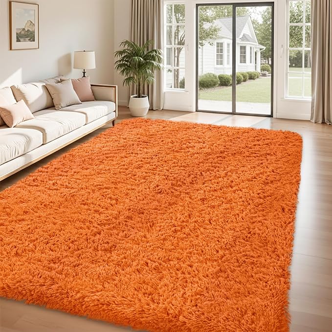8x10 Area Rug for Living Room:Ultra Soft Fluffy Shag Brown Rugs,Large Fuzzy Plush Indoor Non Slip Carpet Washable Rug for Bedroom Kids Nursery Office Dorm Modern Decor(Orange 8'x10')
