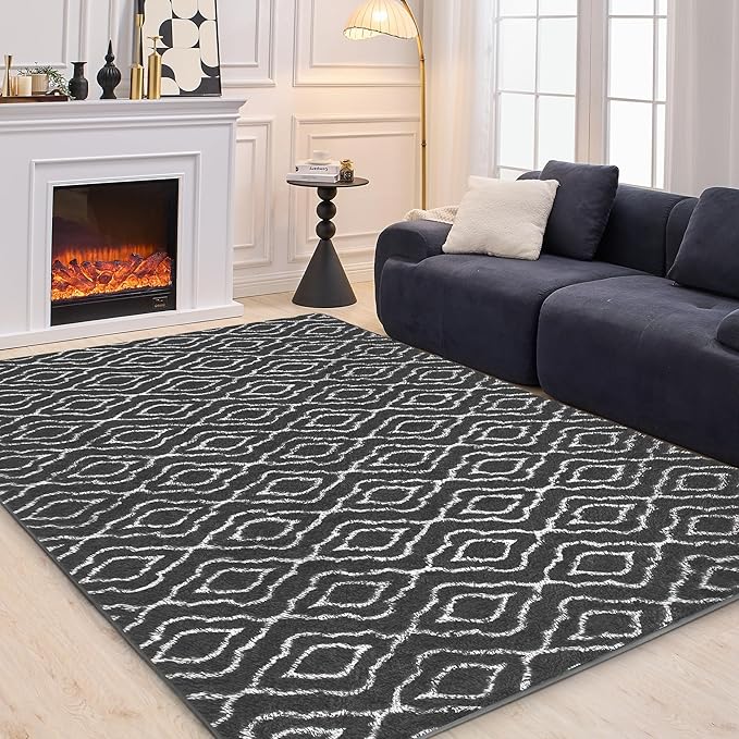 Fluffy Rug for Bedroom, Soft 4x6 Grey Shag Plush Geometric Area Rugs | Modern Grey and White Rug, Non Slip Carpet for Living Room, Aesthetic Home Decor, Fuzzy Floor Mat for Nursery Teen Dorm