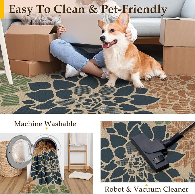 PureCozy 8x10 Easy Jute Outdoor Rug Navy/Organge Floral Textured Indoor Outdoor Area Rug Farmhouse Patio Carpet for Backyard, Patio, Porch, Easy-Cleaning, High Traffic, Pet-Friendly, Non-Shedding