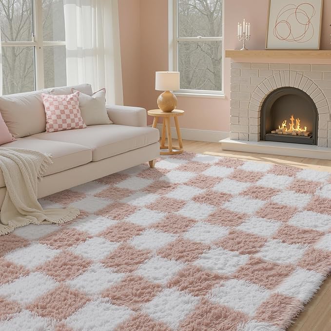 PureCozy Checkered Rug 5x7 for Living Room, Pink and White Modern Shag Rugs Super Soft Washable Indoor Office Fuzzy Carpet Non-Slip Fluffy Rugs for Bedroom Home Aesthetic Decor