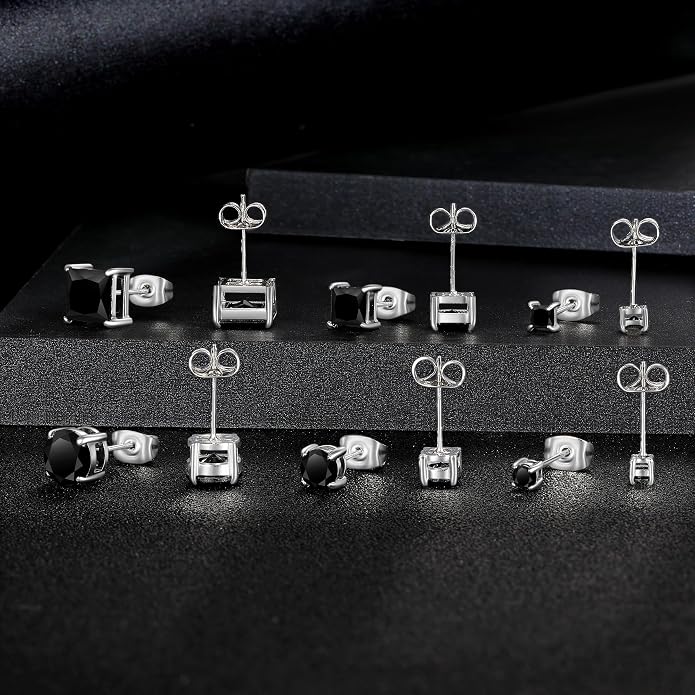 MDFUN 6 Pairs Stud Earrings Set 3mm/5mm/7mm Princess & Round Cubic Zirconia Earrings Hypoallergenic 316L Surgical Stainless Steel CZ Earrings for Women Men