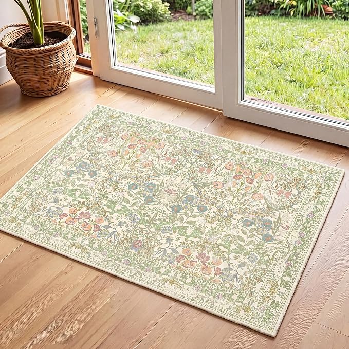 Sage Green Soft Bedside Non Slip Washable Rugs, 2x3 Farmhouse Small Rug for Kitchen, Indoor Entrance, Laundry, Bathroom - Boho Throw Front Door Mat, Soft Cottagecore Art Deco Carpet with Low Pile