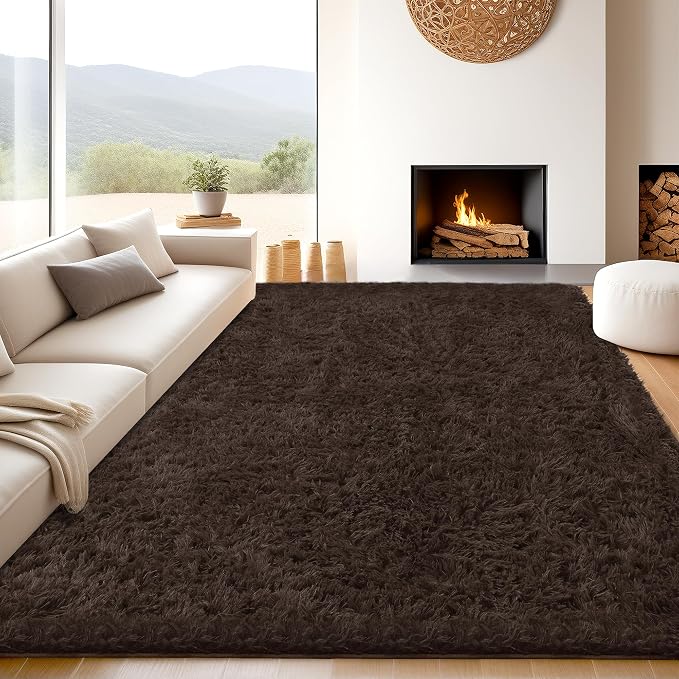 8x10 Brown Fluffy Shag Area Rugs for Living Room Bedroom Nursery | Ultra Soft Comfy, Large Fuzzy Shaggy Plush Carpet for Kids Boys Girls Teen Dorm, Modern Indoor Home Decor, Upgrade Non-Slip